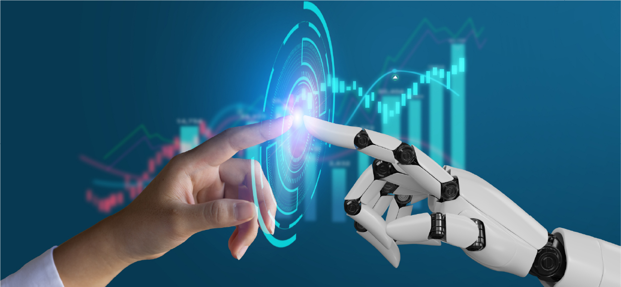 human and robot hands touching to symbolize AI analytics